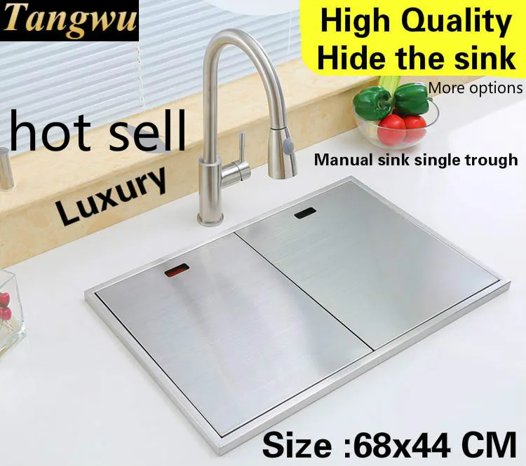 

Free shipping Apartment high quality big kitchen manual sink single trough hide luxury 304 stainless steel hot sell 680x440 MM