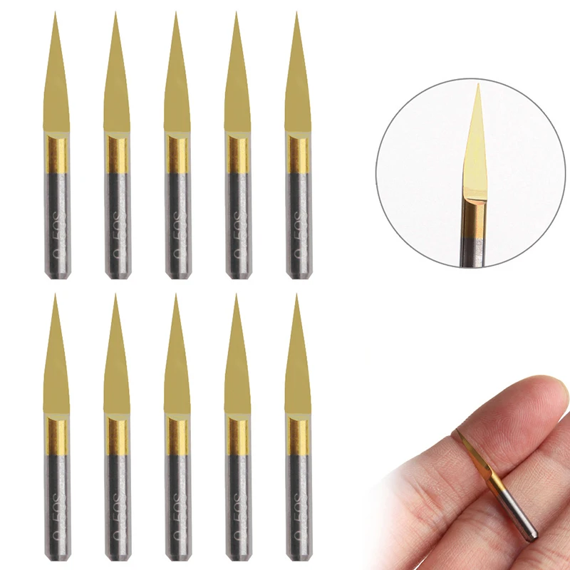 10Pcs/Set Titanium Coated Carbide PCB Engraving 15 degree 0.1mm CNC Bit Router Tools