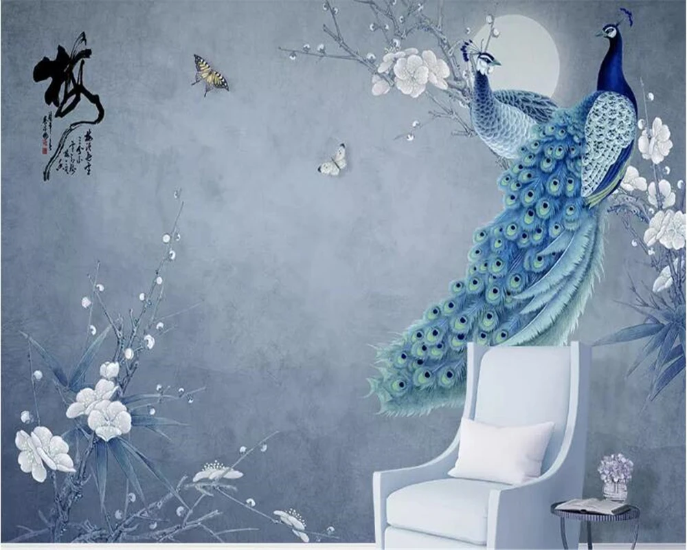 

beibehang Classic Nordic minimalist fresh hand painted Peacock floral watercolor 3d wallpaper background wall papers home decor