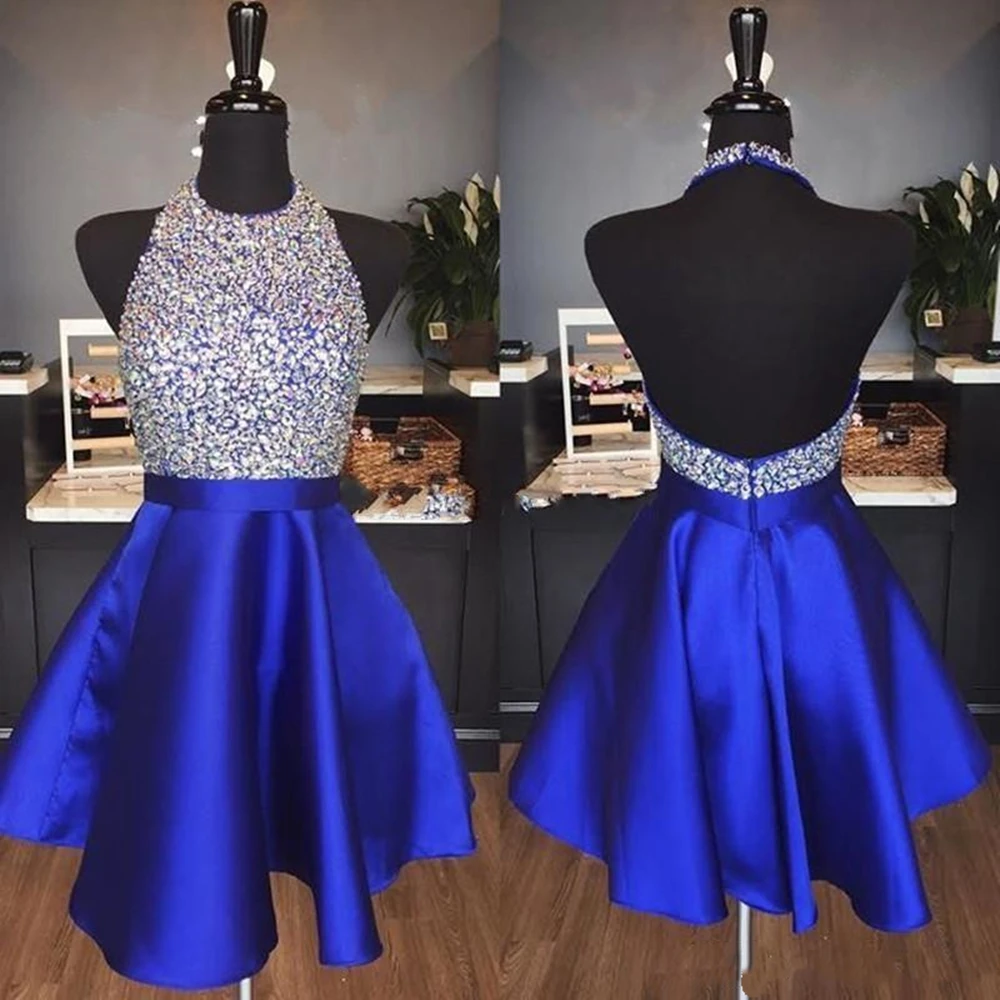 Vestidos de fiesta cortos con cuentas y Espalda descubierta, vestido de fiesta azul real brillante, línea A, A medida, 2021