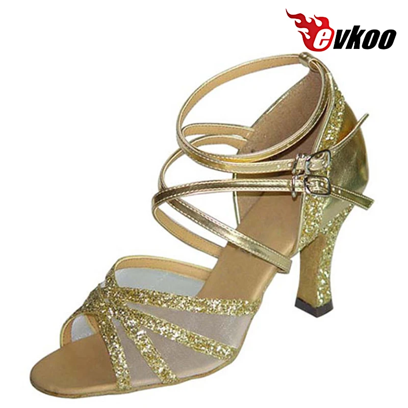 Evkoodance  Pu And Sparking Golden Sliver Much Strap Heel Height 8cm Design For Ladies Latin Tango Dance Shoes Evkoo-128