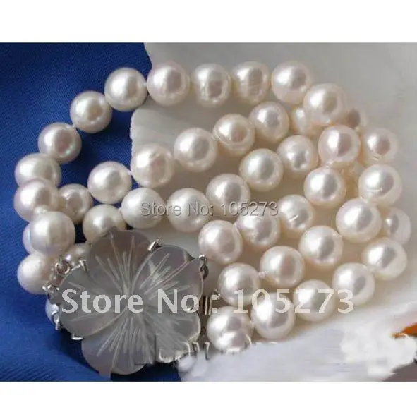 Stunning!3Row 8'inch AA 10-11MM Round Shaper Freshwater Cultured Pearl Bracelet Shell Flower Clasp Hot Sale Free Shipping FN2007