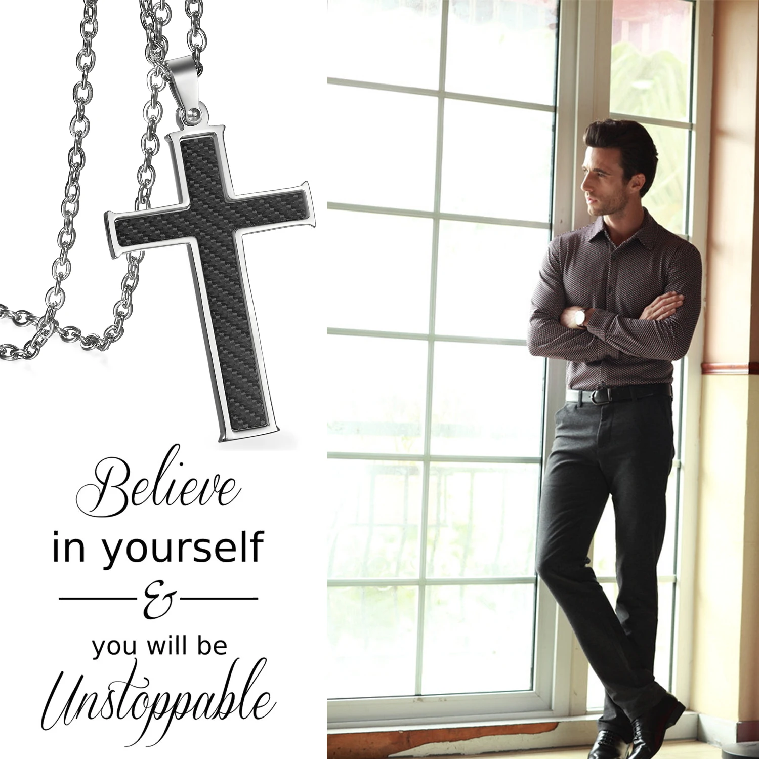 BONISKISS Carbon Fiber Stainless Steel Mens Cross Necklace Pendant, Black Silver Color , 21.5 inch Chain