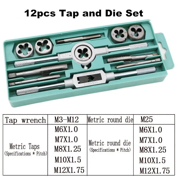 Milda 12Pcs Tap & Sterft Set Nc Schroefdraad Pluggen Kranen Rechte Fluit Hand Schroef Kranen Hand Tool Kit carbon Staal