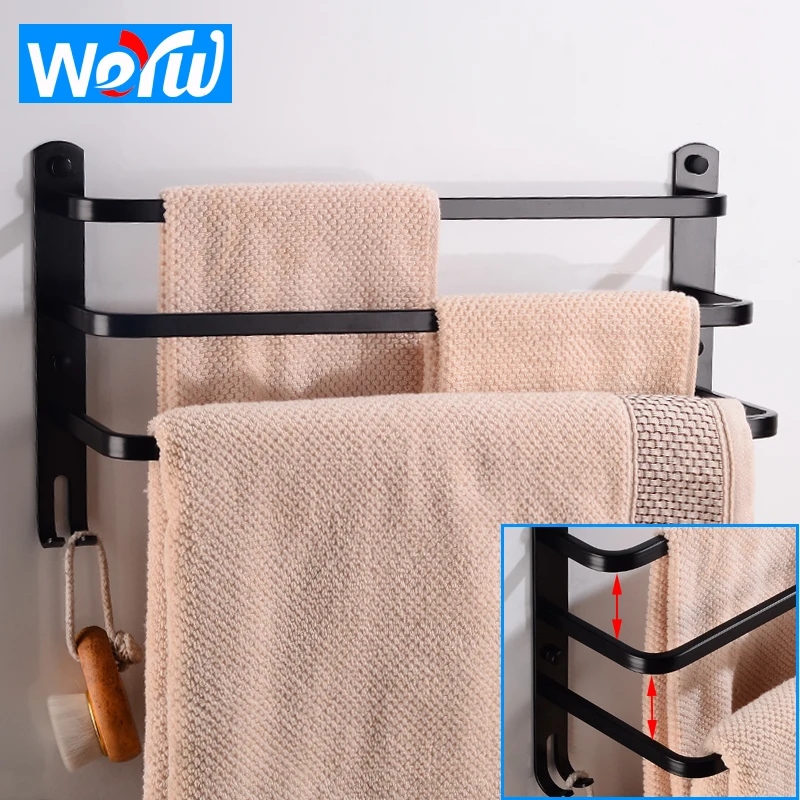 Towel Bar Holder Black Towel Hanger Rack with Hooks Aluminum Three Layer Towel Rack Wall mounted Bathroom Shelf Corner Shower