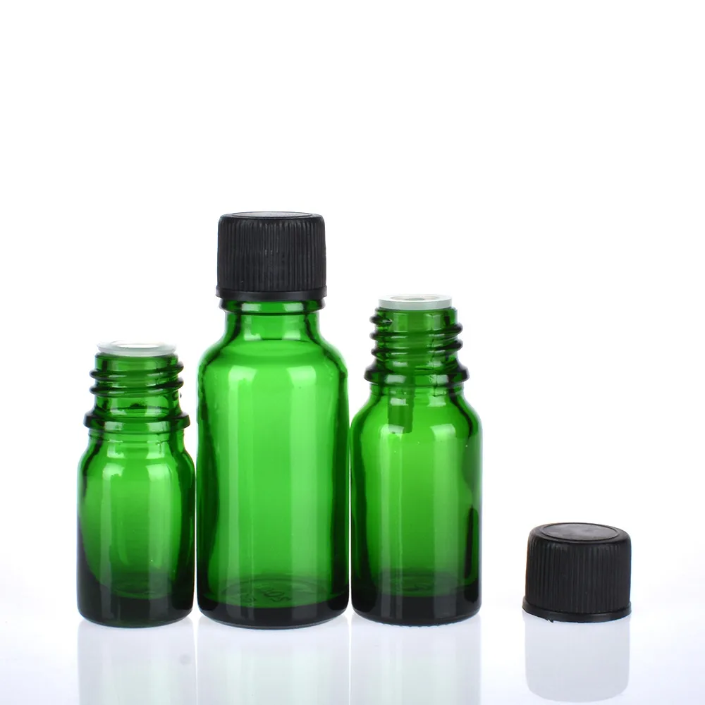 6pcs/lot 100ml 50m 30ml 20ml 15ml 10ml 5ml 1/3oz 1oz Thick Green Essential Oil Glass Bottles With Black Cap Glass Containers