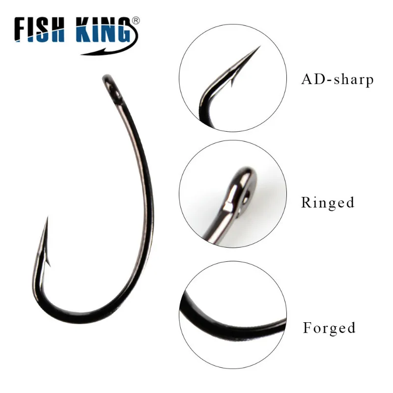 FISH KING 10-30pcs High Carbon Steel Matte Black Europe Carp Hook 1 2 4 6 8 10# Barbed Single Carp Fishing Hooks Freshwater