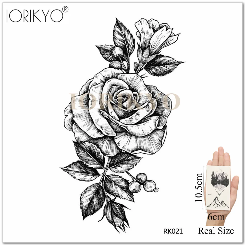 IORIKYO Black Bracelet Flora Temporary Tattoo Stickers Women Body Art Flower Water Transfer Arm Tatoo Girls Fake Rose Tattoo