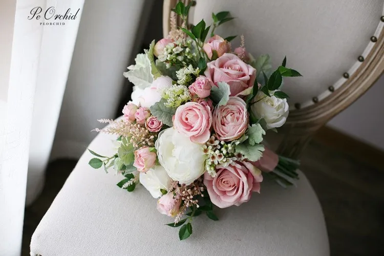 PEORCHID Cổ Điển Wedding Bridal Bouquet Nhân Tạo Ramo Novia Boda Trang Trí De Mariage Blush Màu Hồng Hoa Hồng Cô Dâu Bó Hoa