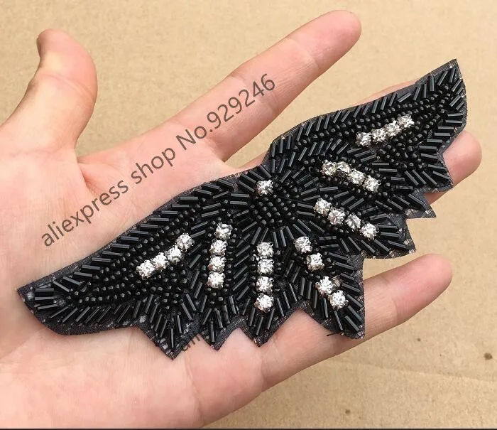 2pcs gold AB wing crystal rhinestone applique for shoulders decoration black beaded applique for garments shoes hat accessory