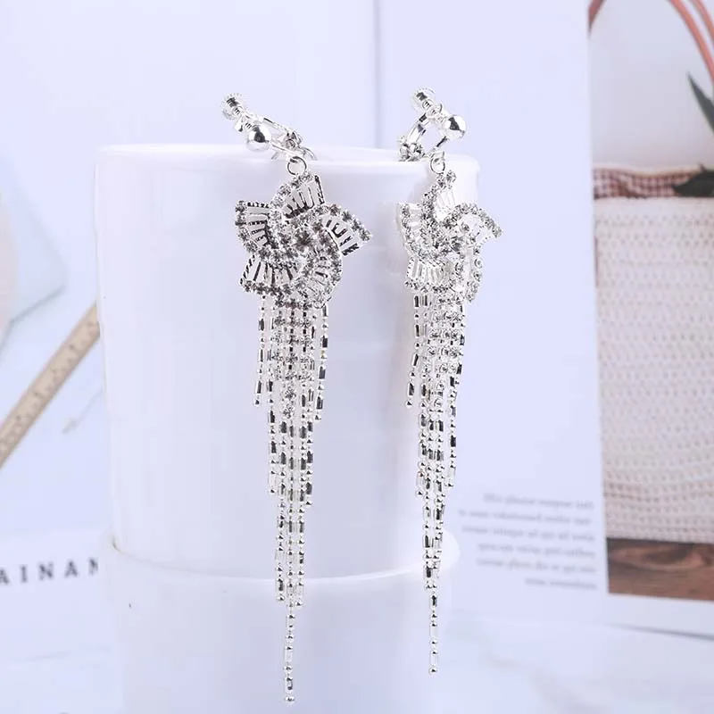 Gold Silver Hollow Flower Fringe Clip On Earrings No Pierced Rhinestone Dangle For Female Wedding Party Star Ear Clips Jewelry