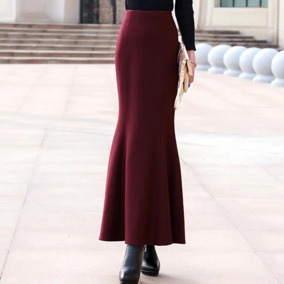 

High Waist Woolen Skirt 2022 Winter New Women Vintage office lady Skirt Trumpet Slim package hip Elegant Mermaid Skirt