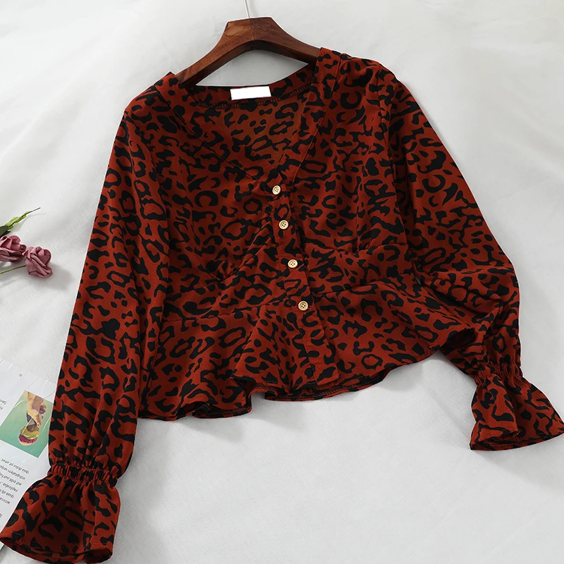 2024 Women Spring Autumn Flare Sleeve V-Neck Leopard Basic Ruffles Shirt Lady Short Slim Cardigan Button Chic Blouse Tops