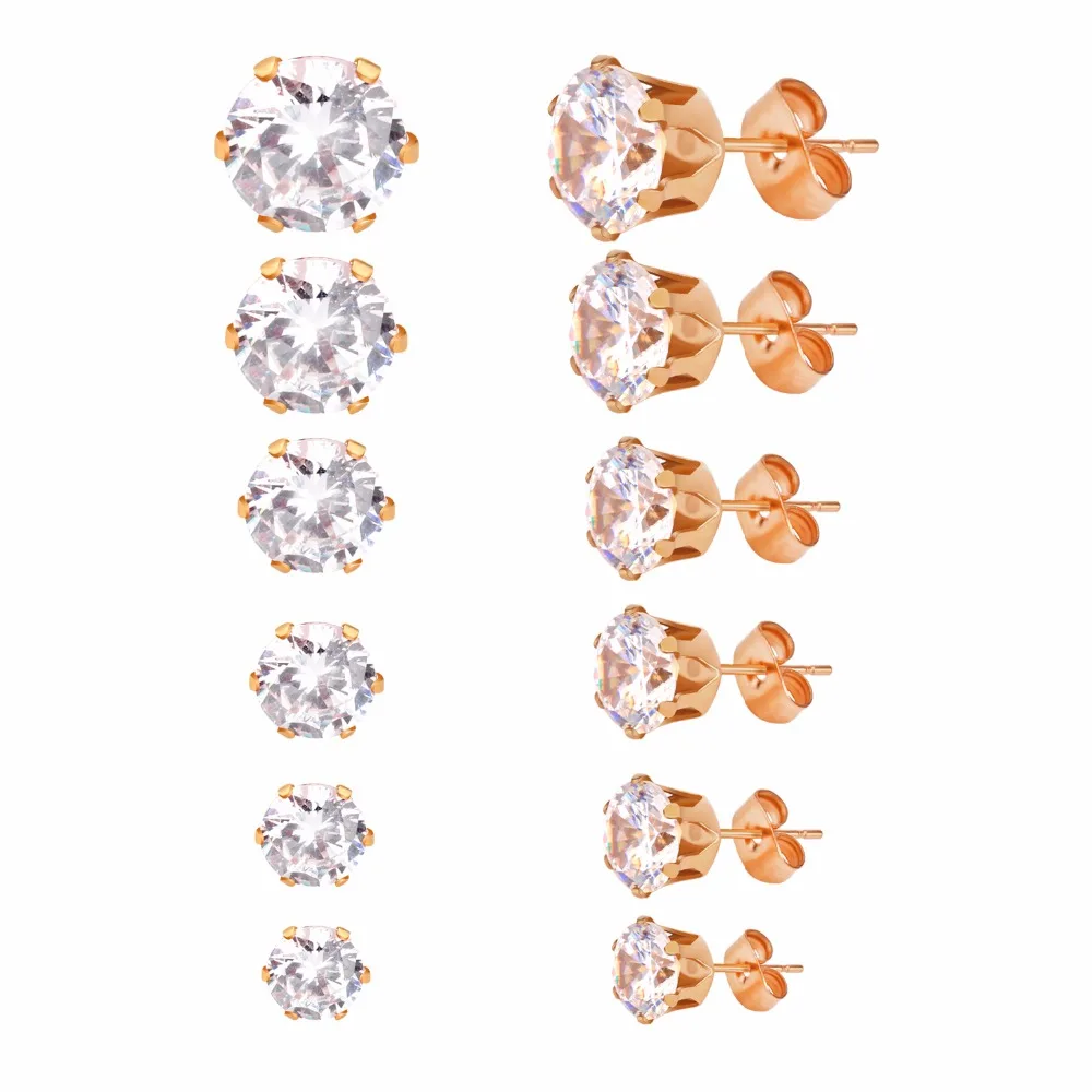 LUXUSTEEL Rose Golden Color Earrings aretes Brinco Stainless Steel Round Cubic Zirconia 6pairs box Stud Earring Sets Wedding