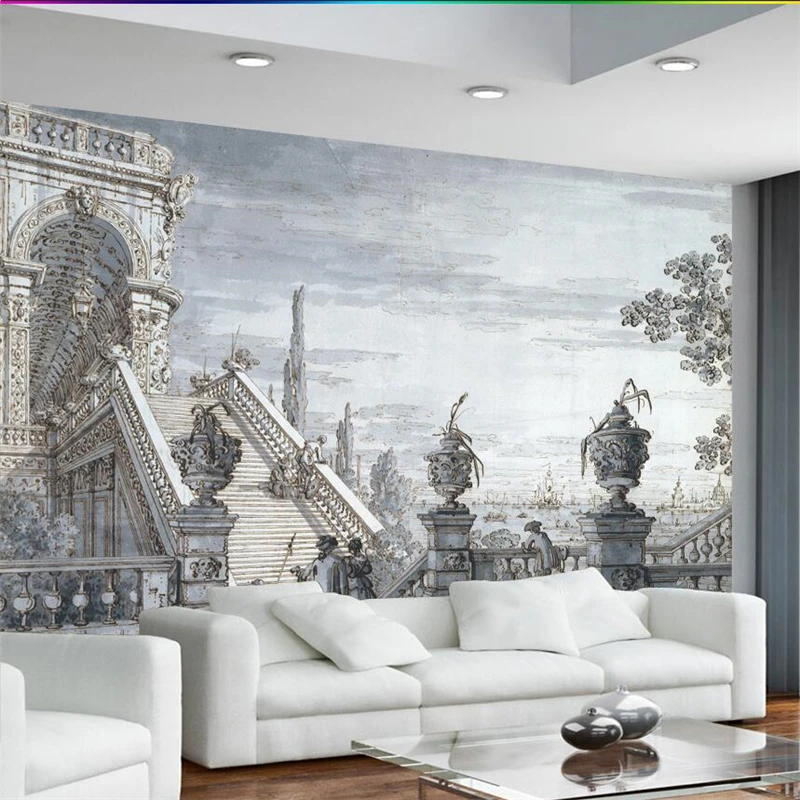 

beibehang European retro hand-painted medieval sketch church classical mural wall custom large mural wallpaper papel de parede