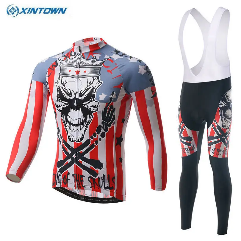 

XINTOWN King Skull Cycling Jersey Trouser Bib Long Pants Long Set Bicycle Wear Suit S-4XL