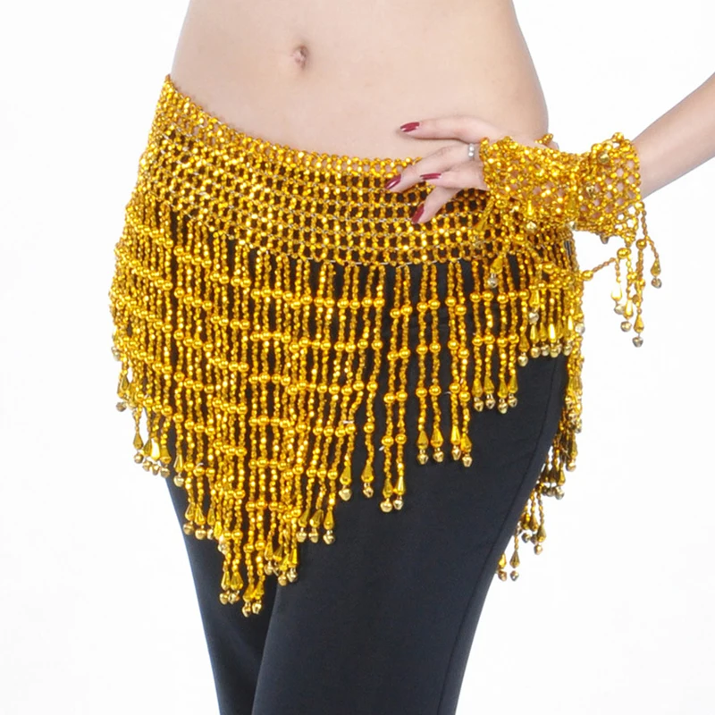 Women Bellydance Clothes Tassel Hip Scarf Belly Dance Belt Elastic Wrapped with Gold Silver Beaded Fringes