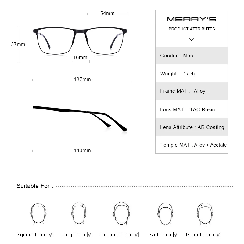 MERRYS DESIGN Men Titanium Glasses Frame Male Ultralight Square Eye Myopia Prescription Eyeglasses TR90 Nose Pads S2003