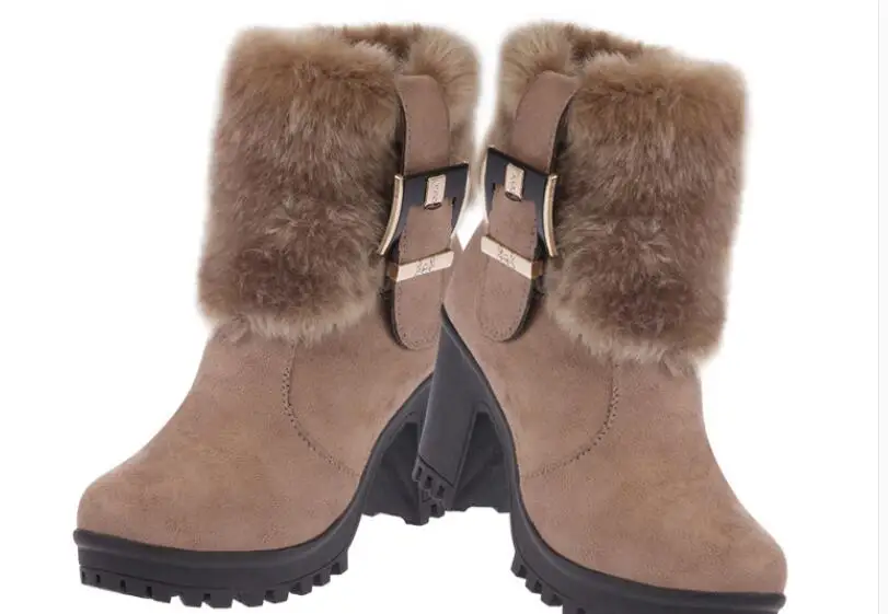 Fashion Women Casual Platform Female Suede Buckle Short Ankle Boots Shoes Block High Heels Winter Warm Faux Fur Snow Boots