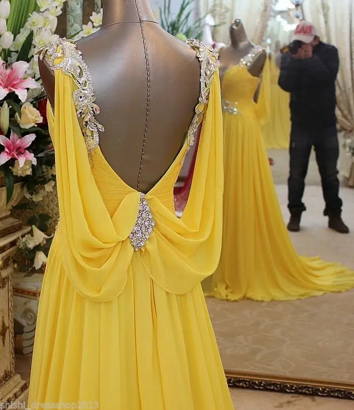 Soriee-Vestido largo de gasa amarillo con diamantes de imitación, traje Formal con escote en V y espalda abierta, 2024 cuentas