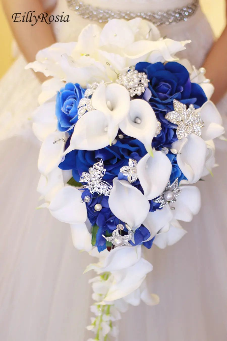 

EillyRosia Royal Blue Wedding Bouquet Calla Lily Waterfall Brooch Bouquet for Bride Artificial Flowers Ceremony Anniversary