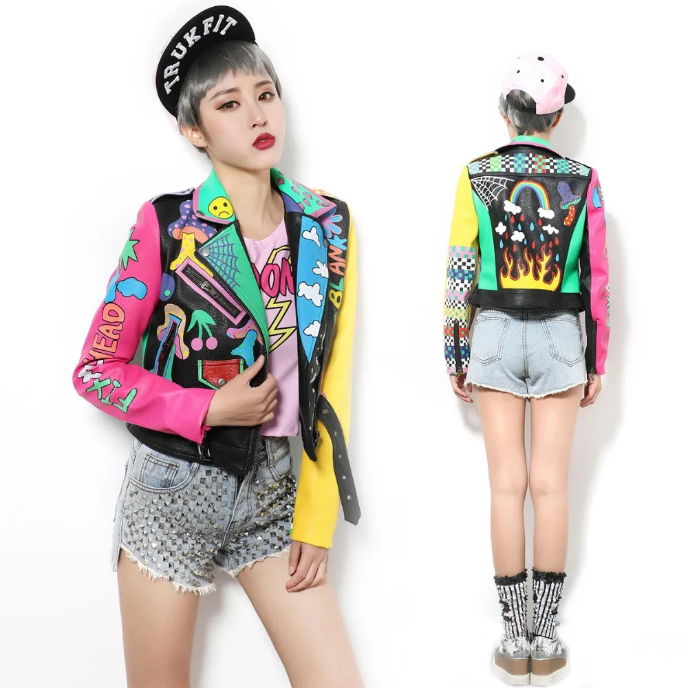 New Crazy style Graffiti Pattern PU Leather for Women Jacket With a Belt and Zippers Woman Motorcycle Short Leather Outwear