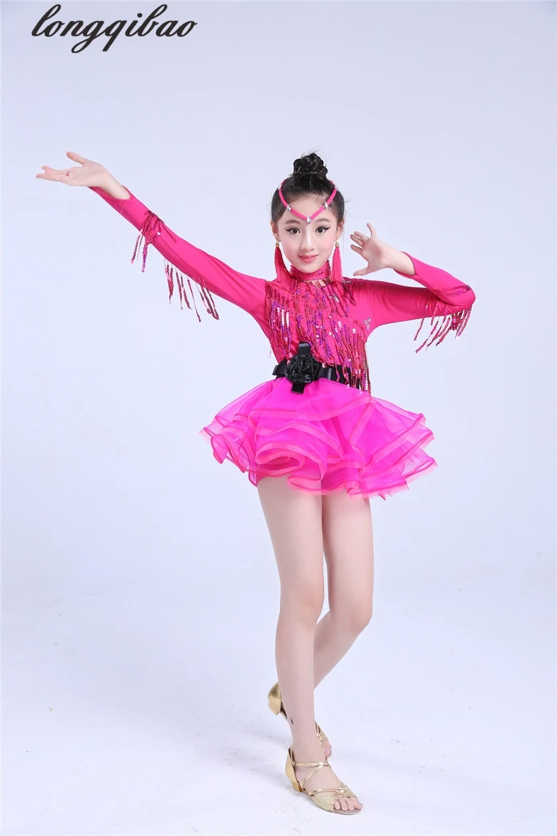 The new children 's Latin dance costumes girls sequins Latin dance yarn skirt fringed hot drilling performance clothing TB73