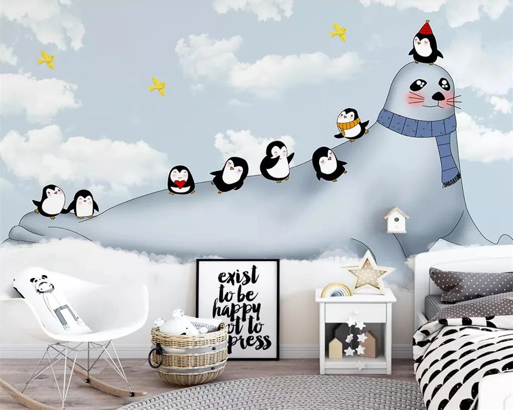 

Beibehang Children's baby room wallpaper mural Antarctic cute dolphins seal background wall decoration background 3d wallpaper