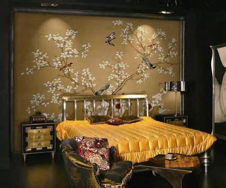 Customized decoration hand-painted silk wallpaper painting flower with birds hand painted wall paper many pictures/backgrounds