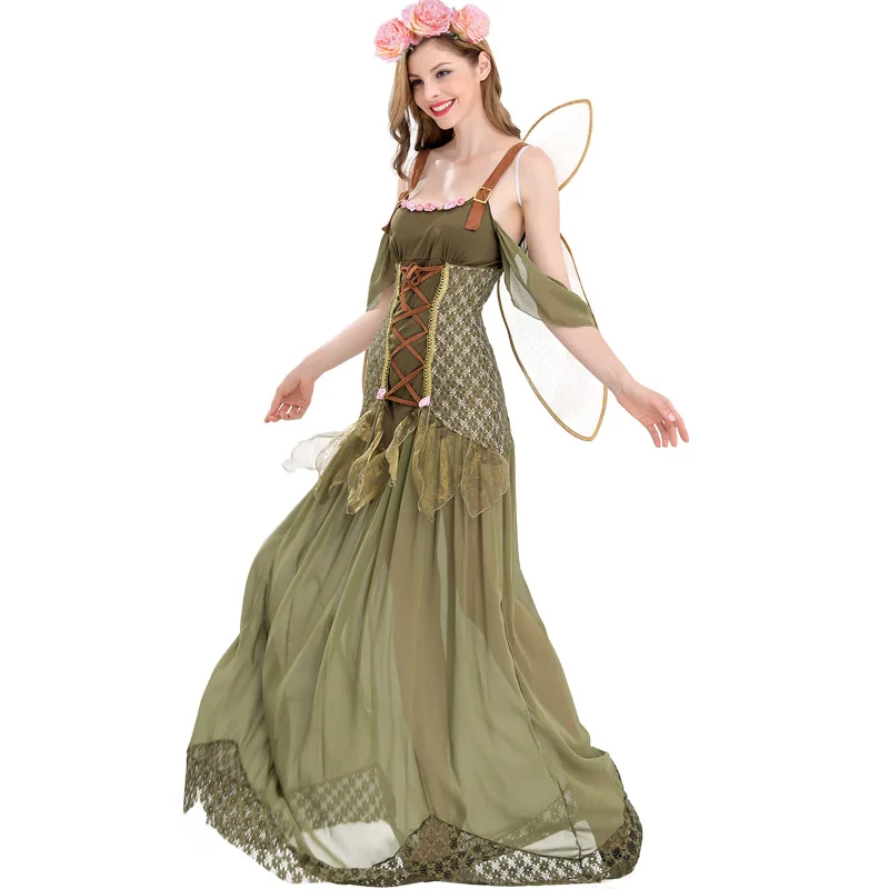 2023 New Halloween Party Girls Cosplay Clothing Flower Fairy Elf Role Playing Cosplay Dress Green Forest Elves Cosplay Dress