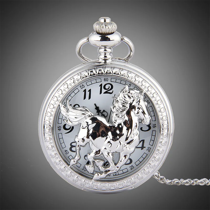 

Running Horse Pocket watch Top Quality Vintage Steampunk Quartz Pocket Watch Silver Running Horse Pattern Classic Clock Chain