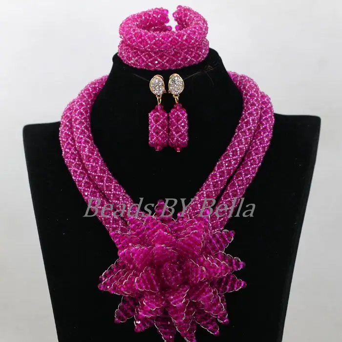 

Amazing Fuchsia Crystal Beads African Wedding Bridal Lace Jewelry Sets Nigerian Costume Statement Necklace Free Shipping ABK706