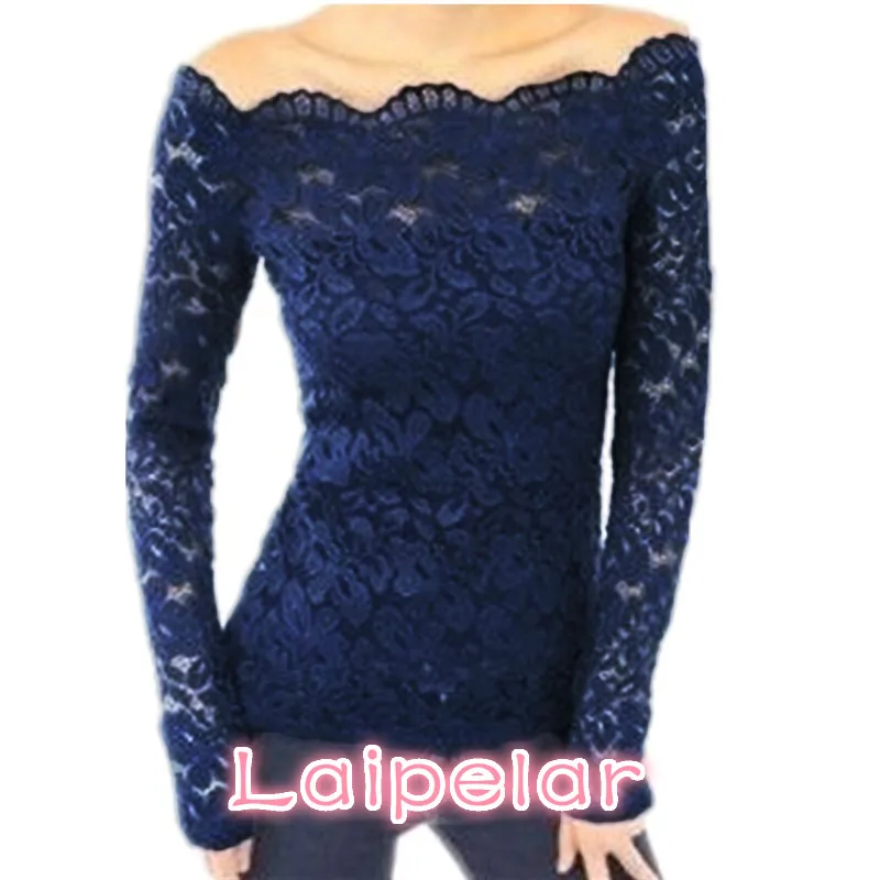 Laipelar Women Tops  Autumn Sexy Blusas Off Shoulder Slash Neck Lace Solid Shirts Long Sleeve Slim Casual Blouses Plus Size