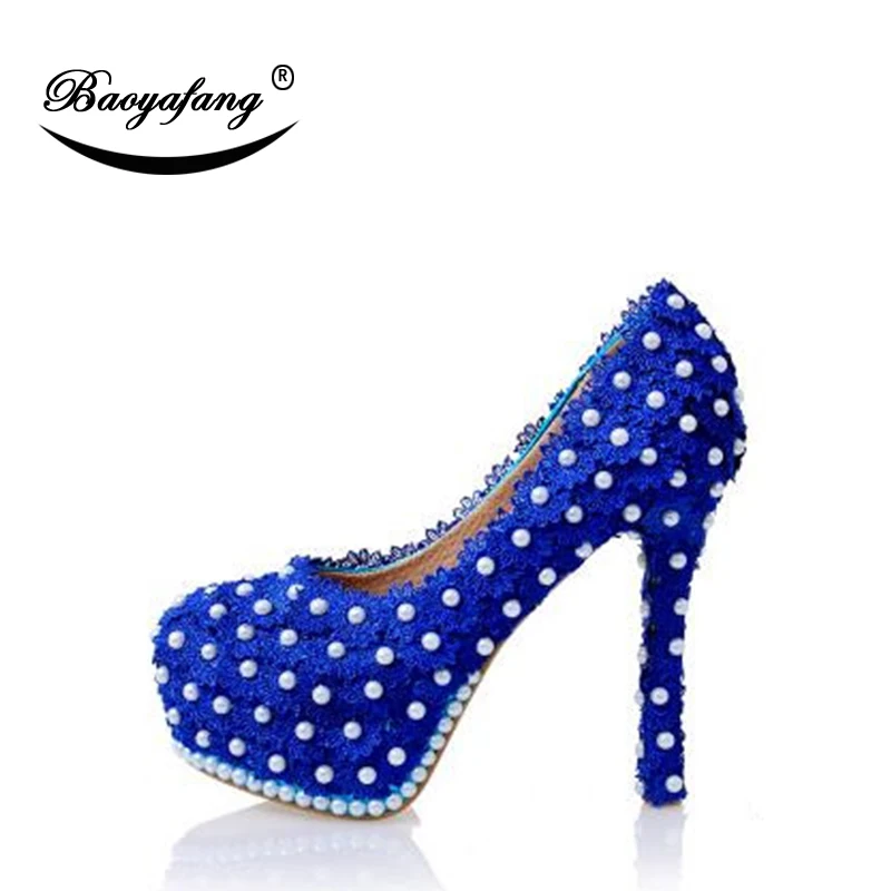 BaoYaFang Royal Blue lace Wedding shoe Bride Party dress shoes high heels round toe womens Pumps pearl shoes real leather insole