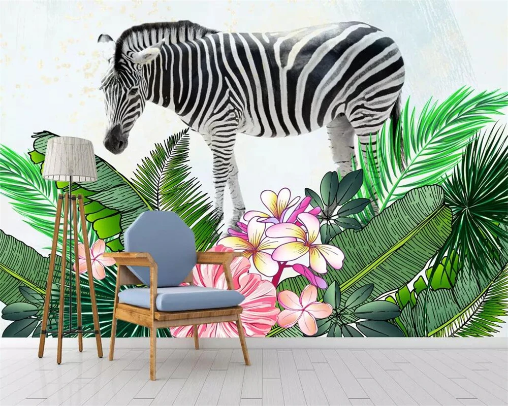 Beibehang Custom wallpaper modern hand-painted zebra tropical plant Nordic TV background wall decorative painting 3d wallpaper