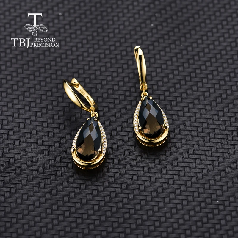 TBJ,smoky Earring natural pear 8*16mm gemstone checkerboard cut 925 Sterling Silver Fine Jewelry women's day present for mother