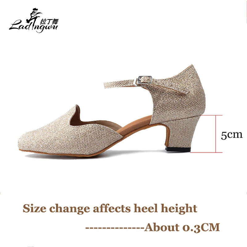 Ladingwu Golden Flash Cloth Women\'s Salsa Dance Shoes Closed Toe Soft Bottom Latin Ballroom Square Dance Shoes Heel 5/6/8.3cm