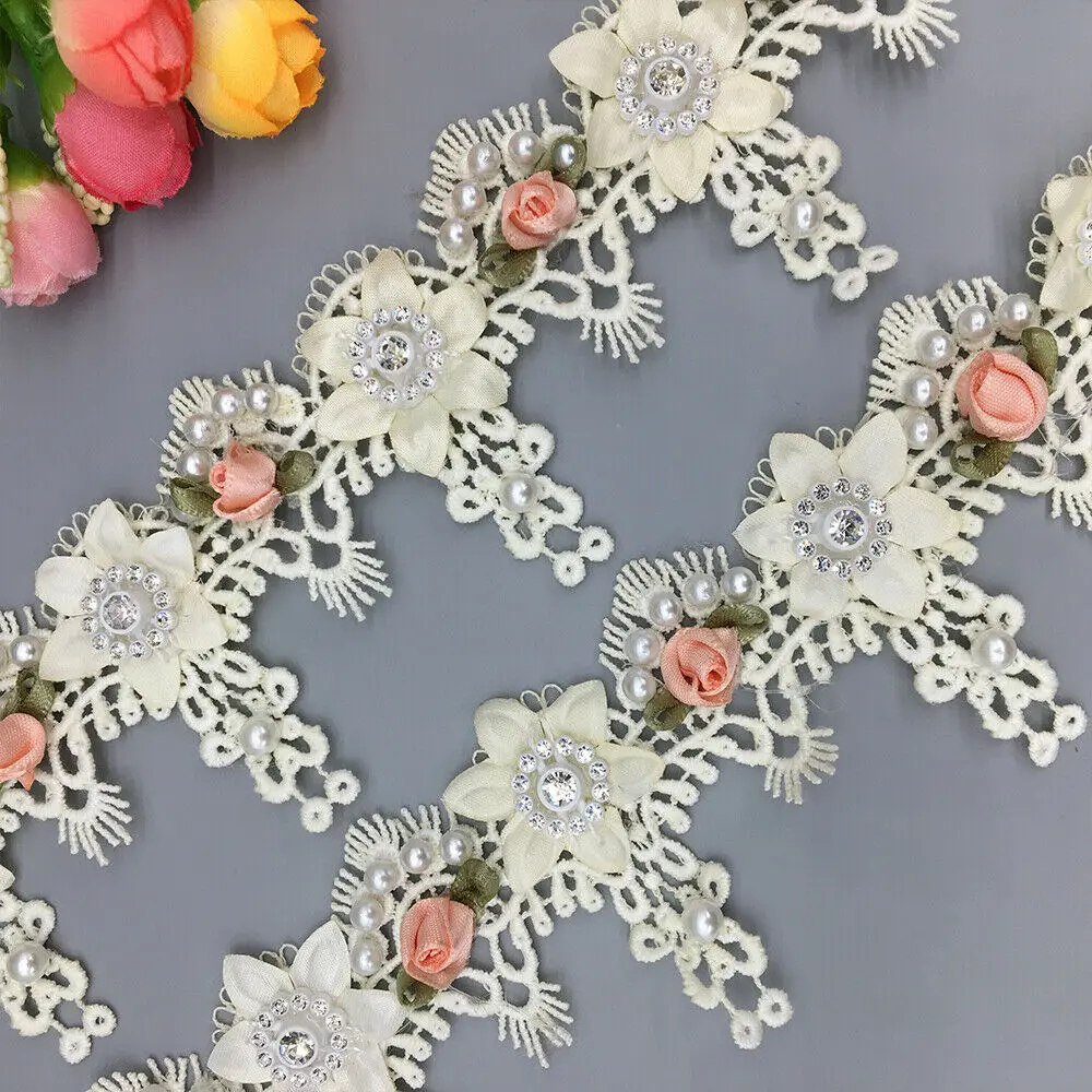 

20x Pearl Diamond Apricot Lace Flower For Dress Fring Ribbon Lace Trim French Fabric DIY Wedding Dress Embroidered Sewing Craft