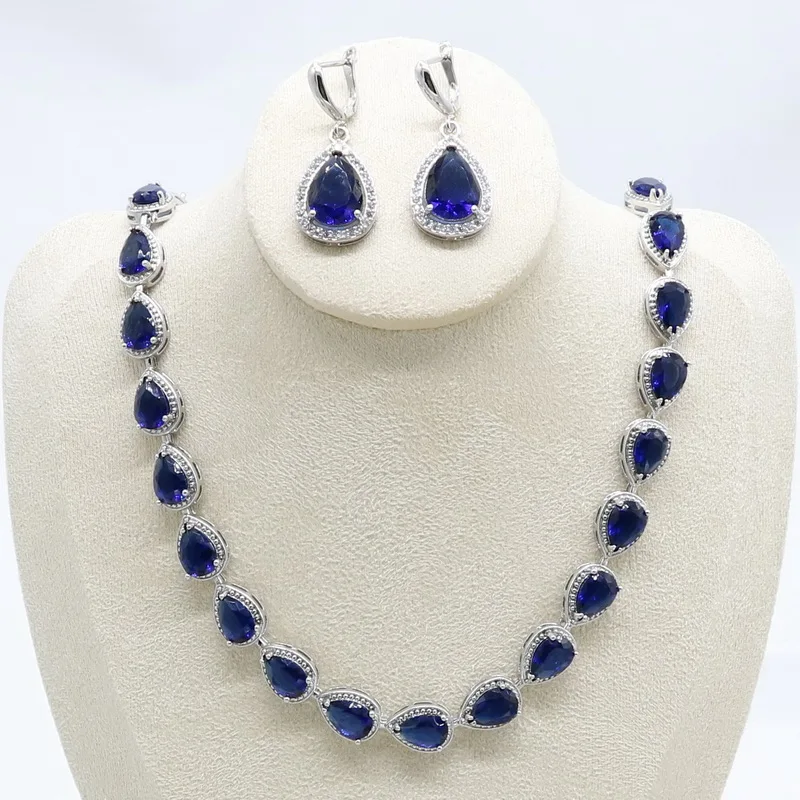 Water Drop Royal Blue Necklace Earrings Women Bridal Jewelry Sets Wedding Gift Box