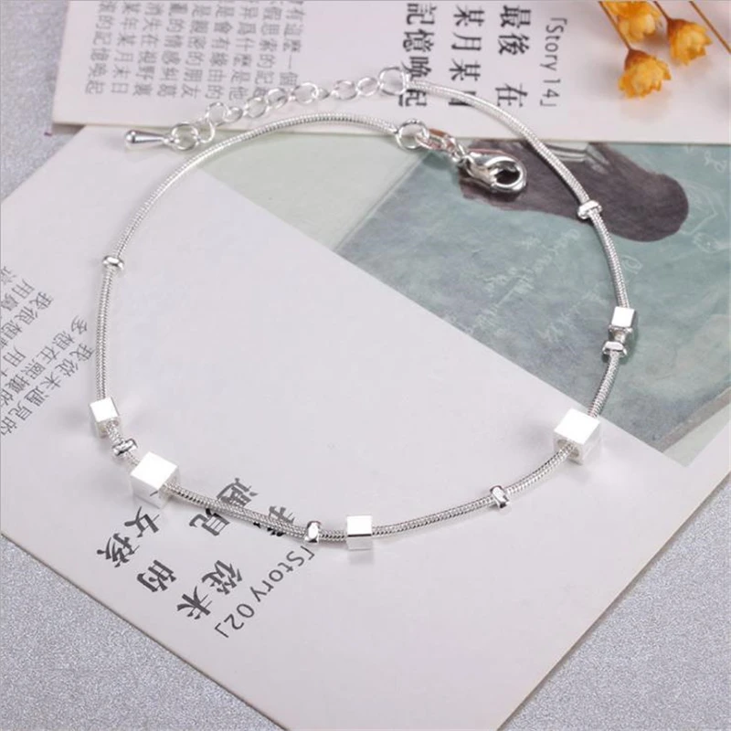 

KOFSAC Fashion Jewelry 925 Sterling Silver Ankle Chain Bracelet Square Chain Anklets For Women Lovely Korea Style Jewelry Gifts