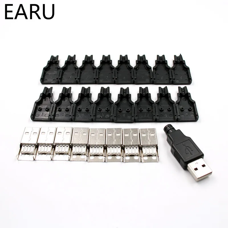 DIY 10pcs Type A Male USB 4 Pin Plug Socket Connector With Black Plastic Cover Adapter Connect USB 2.0 PCB SDA Data Cable Line