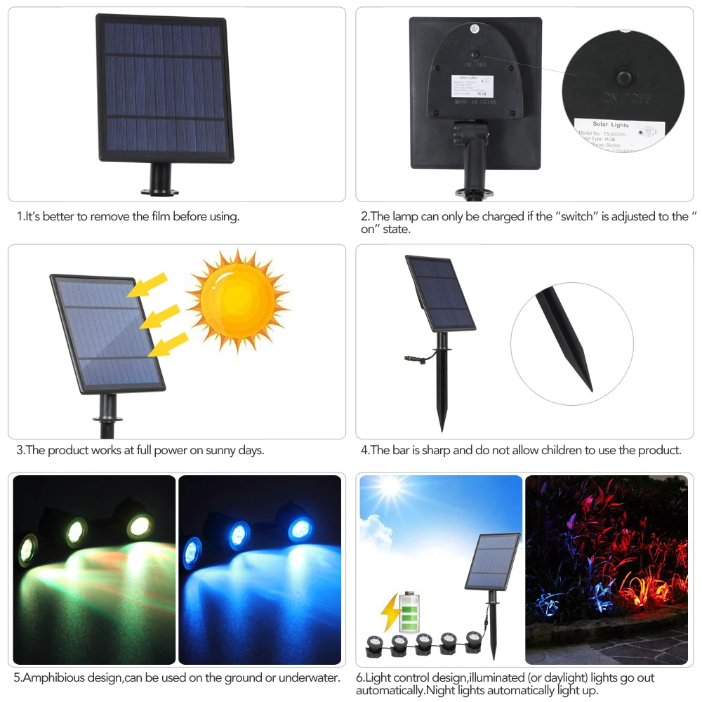 Luces solares subacuáticas para exteriores, luces RGB impermeables para jardín, piscina, patio, paisaje, estanque, acuario, decoración de pecera, lámpara Solar