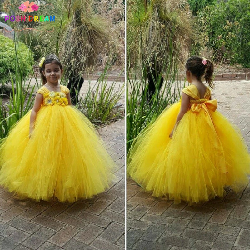 

POSH DREAM Belle Princess Girls Dress Yellow Flower Girl Tutu Dress Canary Beautiful Handmade Yellow Kids Girls Tutu Party Dress