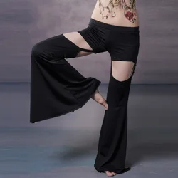 Sexy New Tribal Belly Dance Pants Black Practice Pants Elastic Waist with Hole Inseparable High Waisted Flare Pants Women