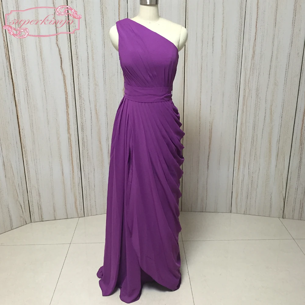 

SuperKimJo purple bridesmaid dresses one shoulder pleat draped chiffon a line long maid of honor dresses wedding party dresses