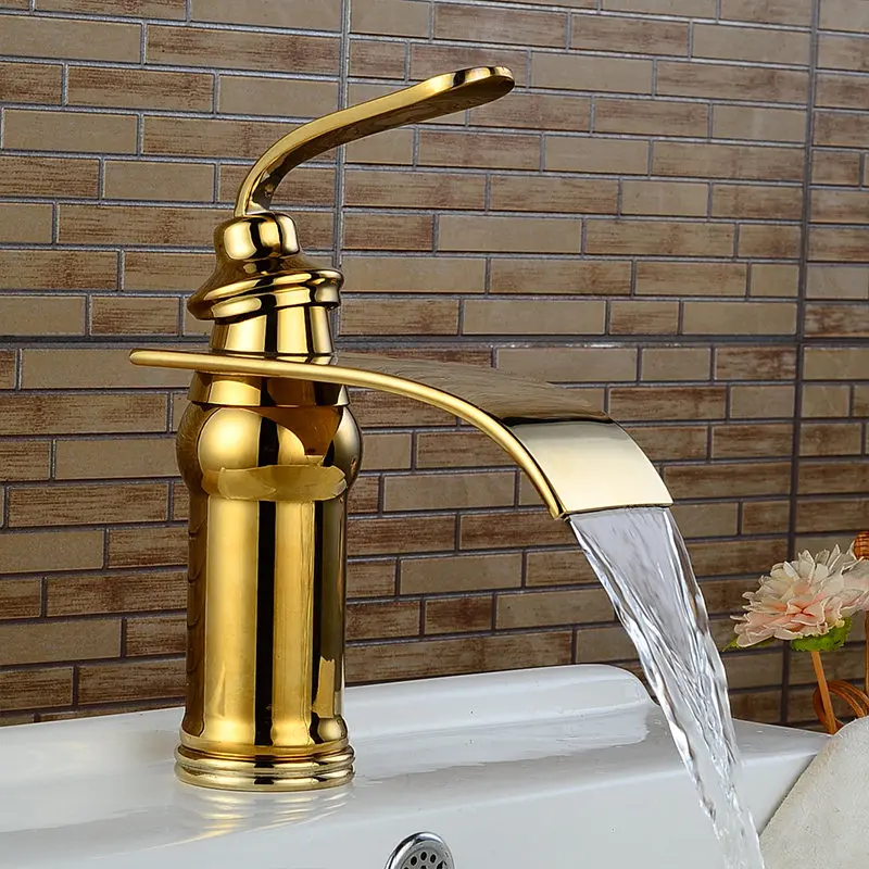 Basin Faucet Solid Brass Gold Waterfall Bathroom Sink Mixer Big Square Spout Tap Torneira Banheiro WF-9273