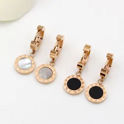 Twelve Constellations Design Women Earrings Rose Gold-color White Black Shell Circular Surface Roman Letter Dance Earring KE006