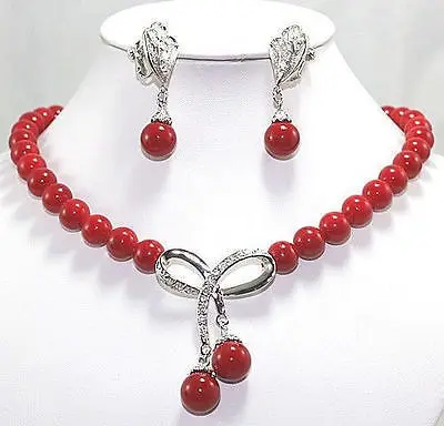 

Nobility Quartz crystal Natural Inlay Crystal bow red shell pearl pendant necklace earrings set hook Free shipping