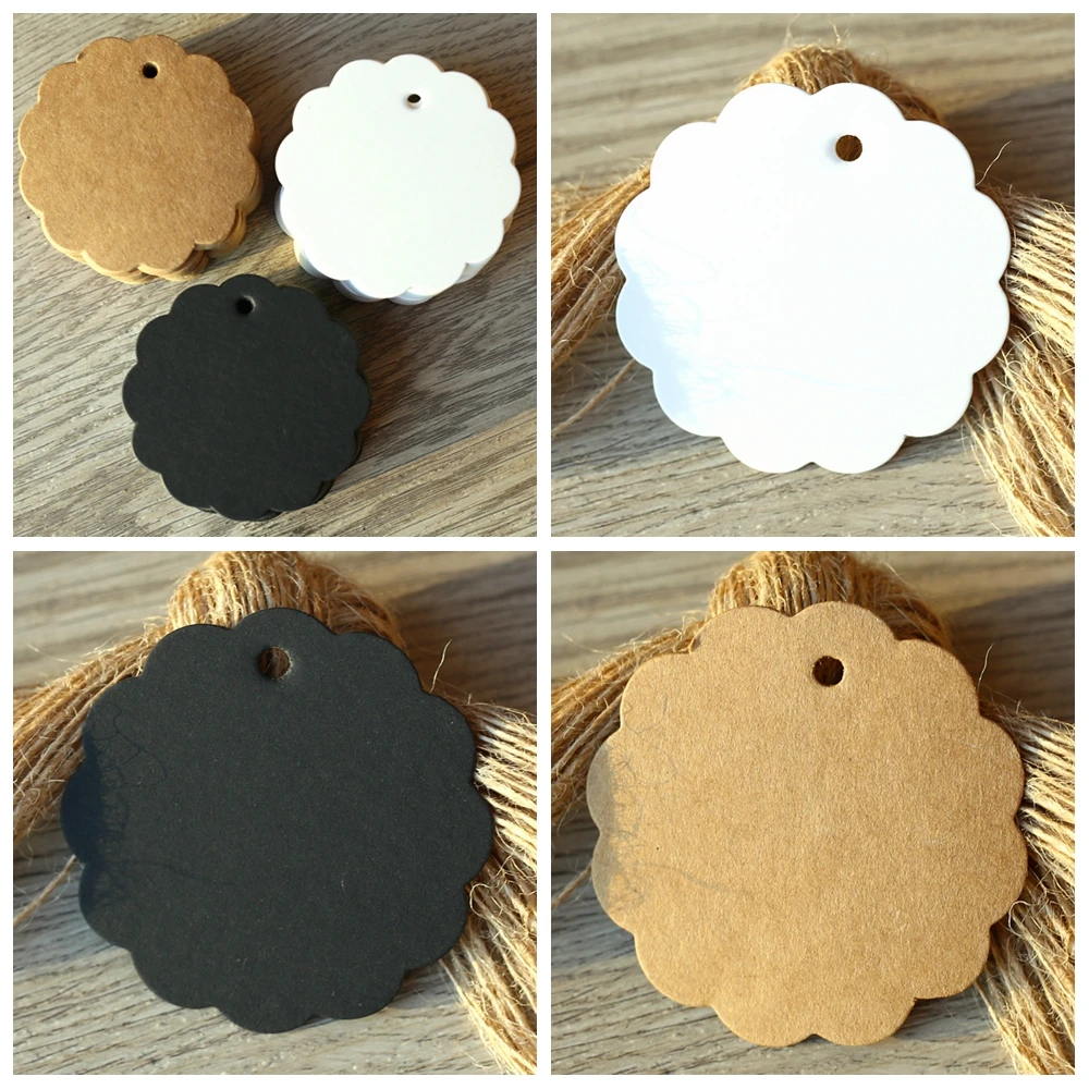 1000pcs/lot White Black Brown Kraft Paper Tags Flower Shaped Label Luggage Wedding Note Blank Price Hang Tag 6*6cm