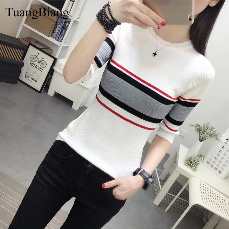 2023 Spring Women Half Sleeve Sweaters Slim O-Neck Striped Pullovers Sweaters Female Autumn Elasticity Bottoming Cotton Jumpers